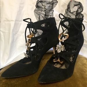 “Audrey” Vintage Brooch Leather Lace Up Heels